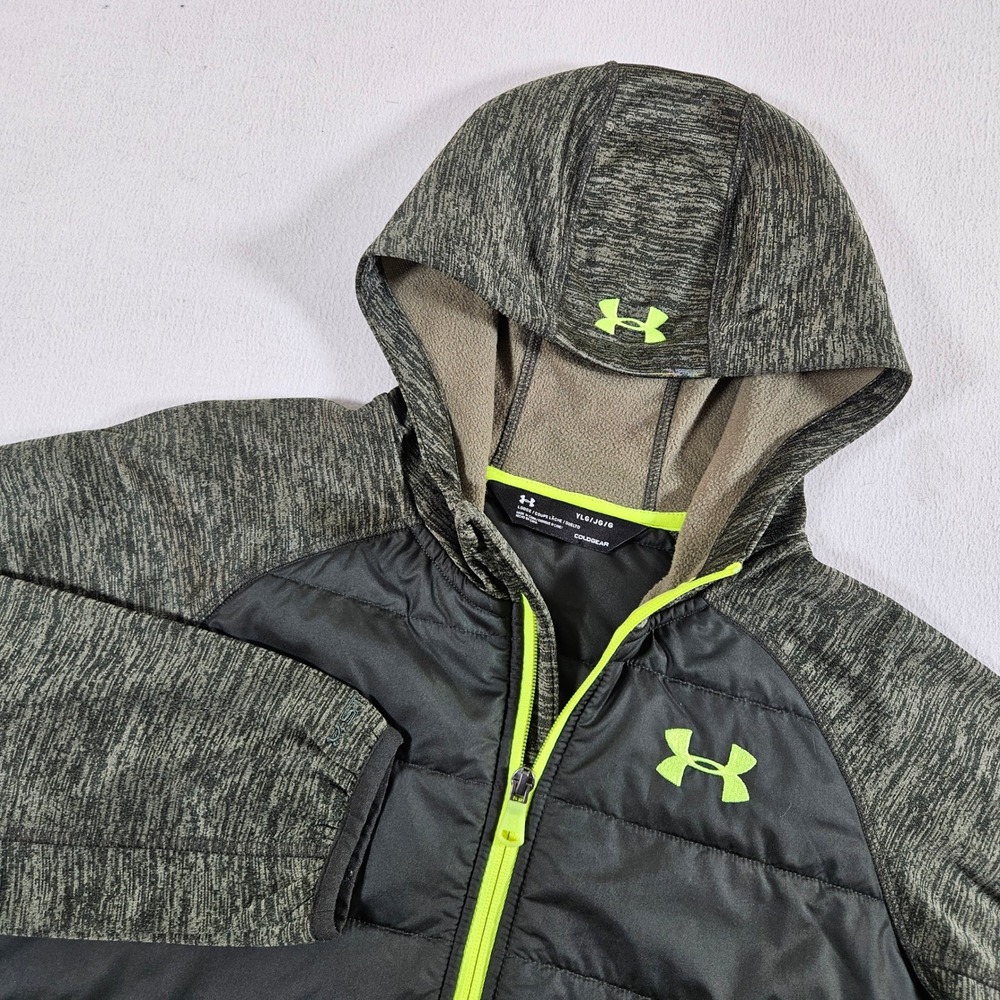 Under Armour Hybrid Puffer Jacket Youth Large Gray Black Neon Green ColdGear